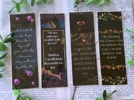 Bookmarks with quotes from the books A touch of darkness, a touch of ruin, a touch of malice.